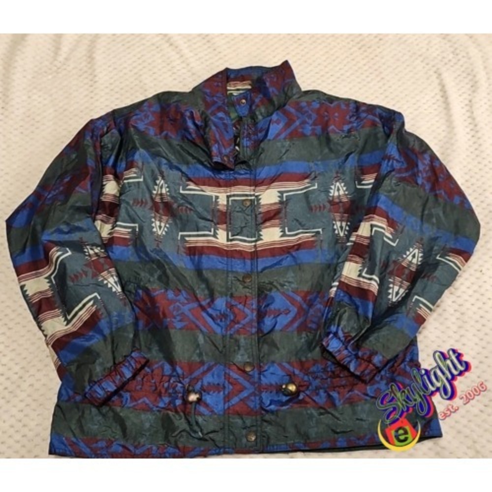 Kaotic Green Vintage 90s Green Aztec Tribal Windbreaker Unisex Jacket Size Large